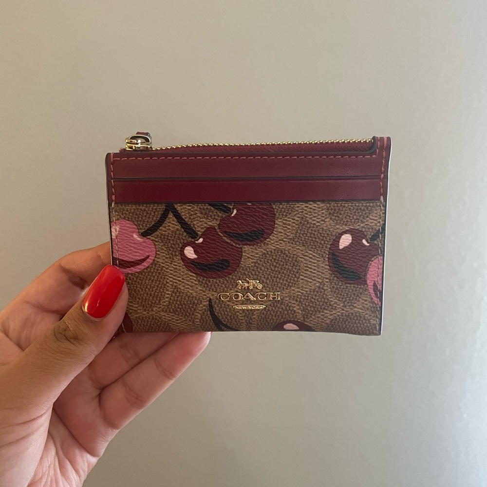 Coach Cherry Print Card Case in Brown and Red